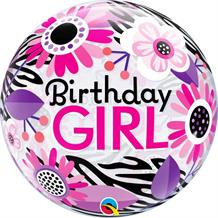 Birthday Girl Flowers Zebra Print 22" Qualatex Bubble Party Balloon