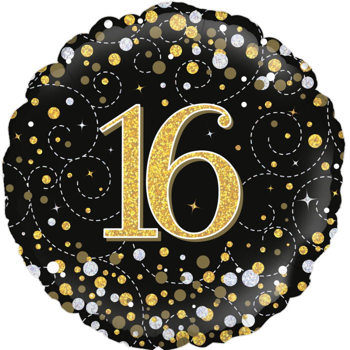 Black and Gold Holographic 16th Birthday 18&#34; Foil | Helium Balloon