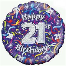 Purple Streamers Happy 21st Birthday 18" Foil | Helium Balloon