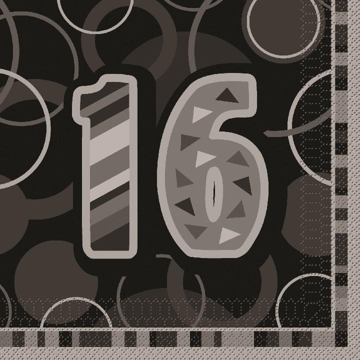 Black Glitz 16th Birthday Party Napkins | Serviettes
