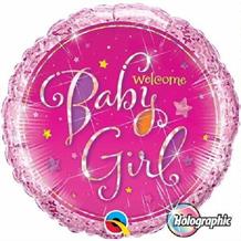 Holographic Welcome Baby Girl Pink Baby Shower 18" Foil | Helium Balloon