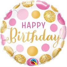 Pink and Gold Dots Happy Birthday 18" Foil | Helium Balloon