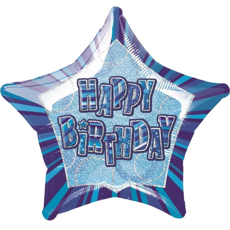 Blue Glitz Happy Birthday 20&#34; Star Foil Helium Balloon