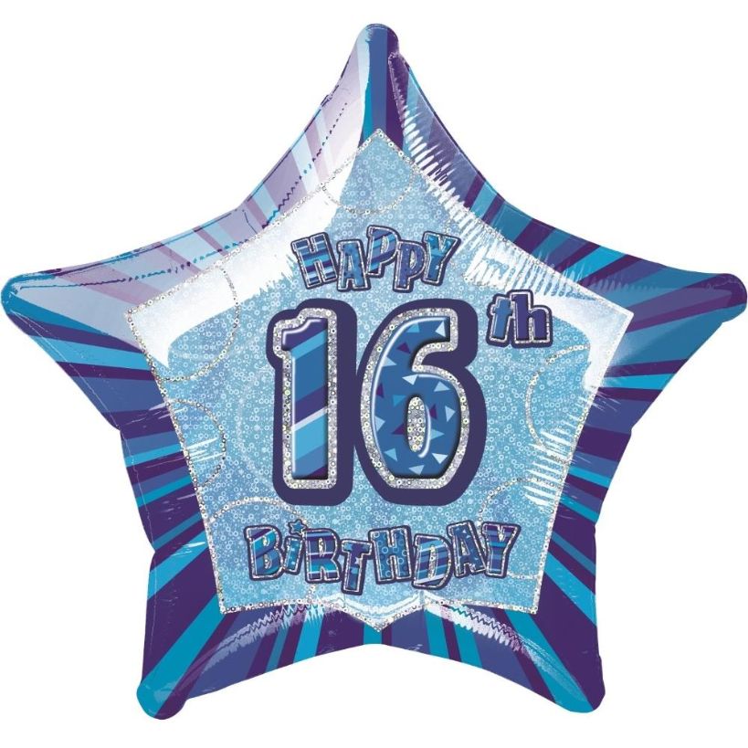 Blue Glitz 16th Happy Birthday 20&#34; Star Foil Helium Balloon