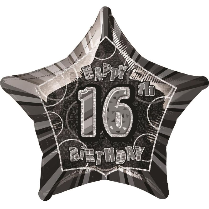 Black and Silver Glitz 16th Birthday 20&#34; Foil | Helium Balloon