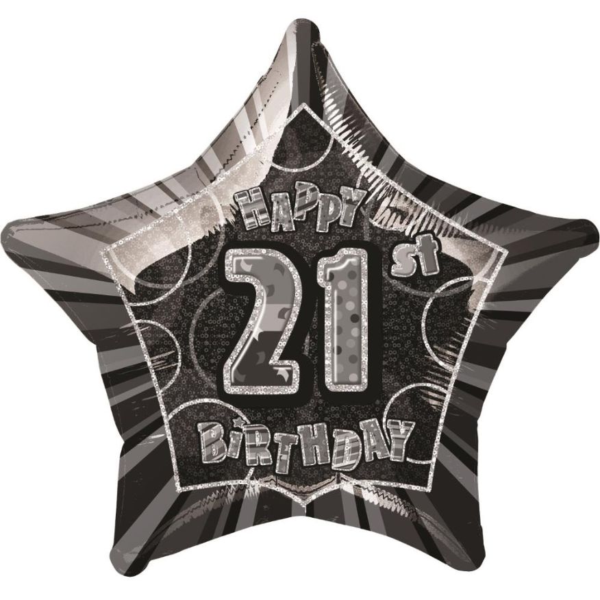 Black Glitz 21st Happy Birthday 20&#34; Star Foil Helium Balloon