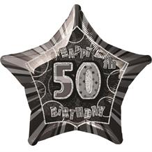 Black Glitz 50th Happy Birthday 20" Star Foil Helium Balloon