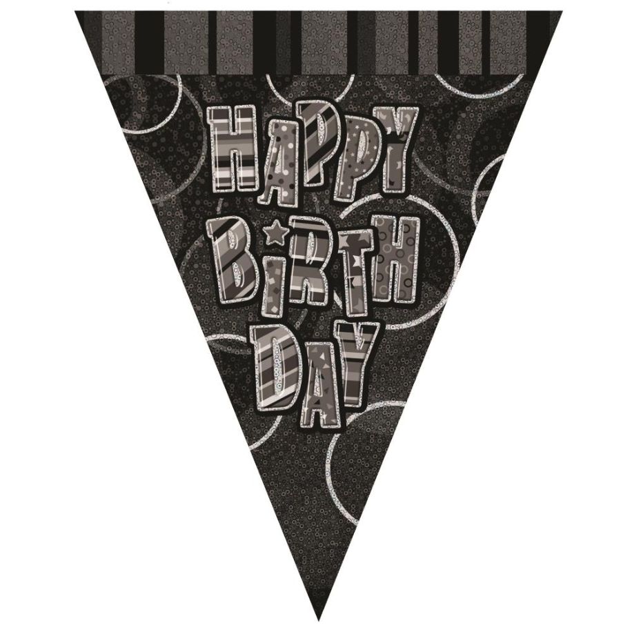 Black Glitz Happy Birthday Flag Banner | Bunting | Decoration