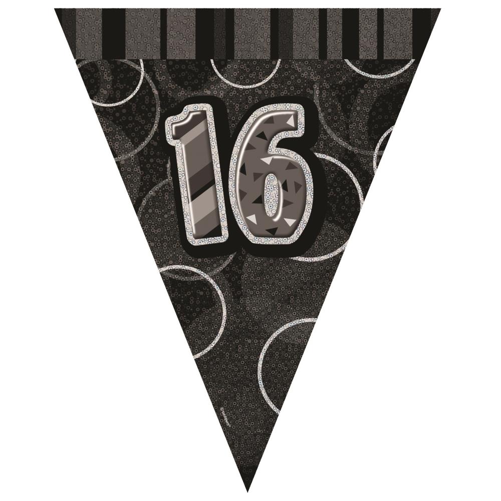 Black Glitz 16th Birthday Flag Banner | Bunting | Decoration