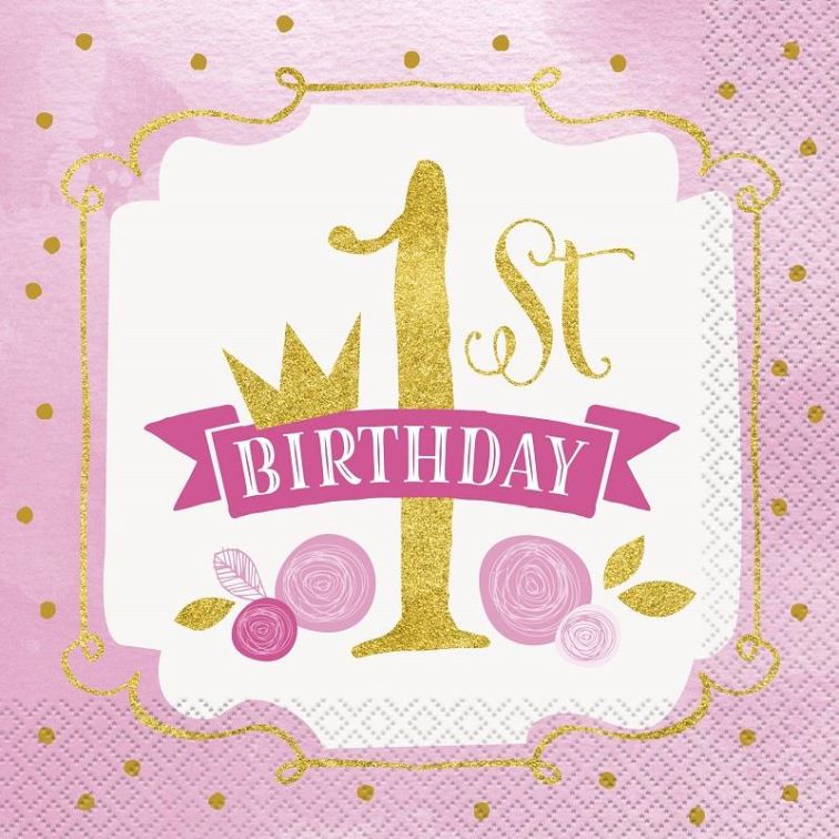 Pink and Gold Girls 1st Birthday Party Napkins | Serviettes