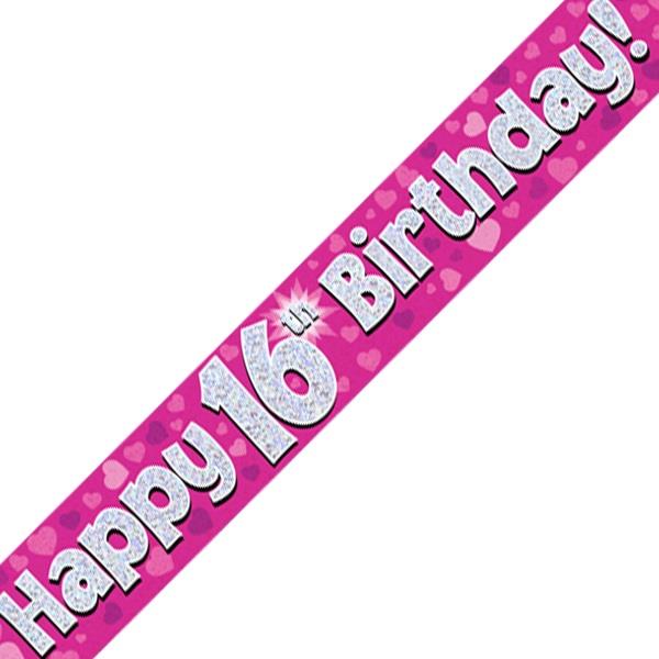 Pink Heart Happy 16th Birthday Foil Banner | Decoration