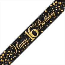 Black and Gold Sparkling 16th Birthday Foil Banner | Decoration