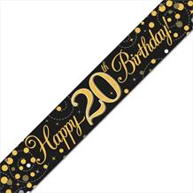 Black and Gold Sparkling 20th Birthday Foil Banner | Decoration
