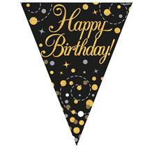Black and Gold Sparkling Happy Birthday Foil Flag | Bunting Banner | Decoration