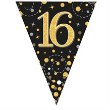 Black and Gold Sparkling 16th Birthday Foil Flag | Bunting Banner | Decoration