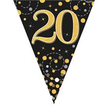 Black and Gold Sparkling 20th Birthday Foil Flag | Bunting Banner | Decoration