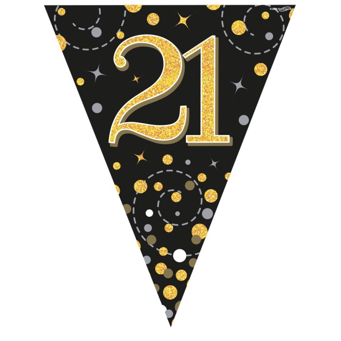 Black and Gold Sparkling 21st Birthday Foil Flag | Bunting Banner | Decoration