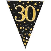 Black and Gold Sparkling 30th Birthday Foil Flag | Bunting Banner | Decoration