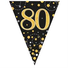 Black and Gold Sparkling 80th Birthday Foil Flag | Bunting Banner | Decoration