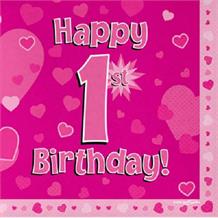 Pink Heart Happy 1st Birthday Party Napkins | Serviettes