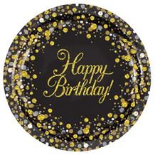 Black and Gold Sparkling Happy Birthday Party 23cm Plates