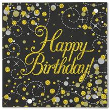 Black and Gold Sparkling Happy Birthday Party Napkins | Serviettes