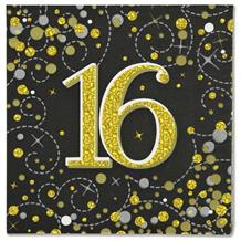 Black and Gold Sparkling 16th Birthday Party Napkins | Serviettes