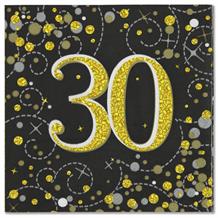 Black and Gold Sparkling 30th Birthday Party Napkins | Serviettes
