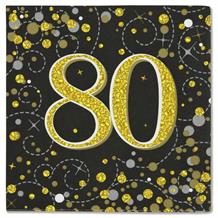 Black and Gold Sparkling 80th Birthday Party Napkins | Serviettes