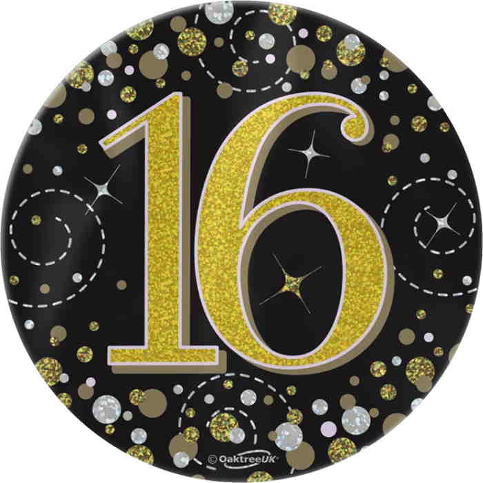 Black and Gold Confetti 16th Birthday Badge