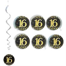 Black and Gold Sparkling 16th Birthday Party Hanging Swirl Decorations