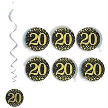 Black and Gold Sparkling 20th Birthday Party Hanging Swirl Decorations