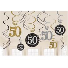 Gold Sparkle 50th Birthday Hanging Swirl Decorations