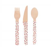 Red and White Dots Wooden Cutlery Set | Knife Fork and Spoon