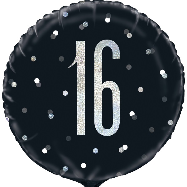 Black and Silver Holographic 16th Birthday 18&#34; Foil | Helium Balloon