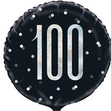 Black and Silver Holographic 100th Birthday 18" Foil | Helium Balloon