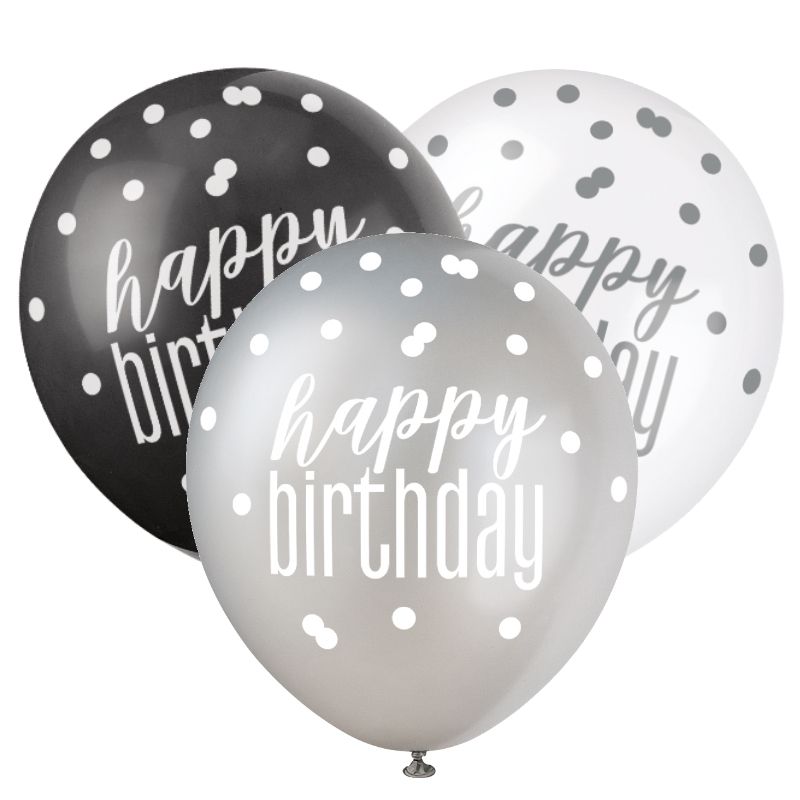 Black and Silver Holographic Happy Birthday Party Latex Balloons