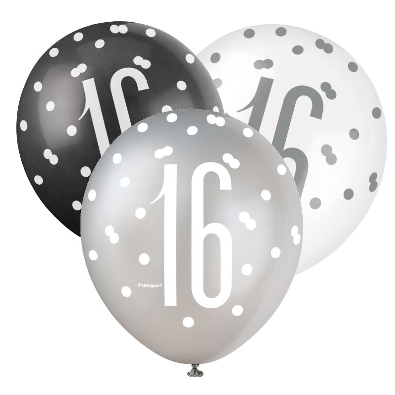 Black and Silver Holographic 16th Birthday Party Latex Balloons