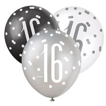 Black and Silver Holographic 16th Birthday Party Latex Balloons
