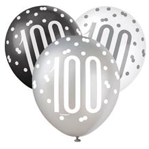 Black and Silver Holographic 100th Birthday Party Latex Balloons