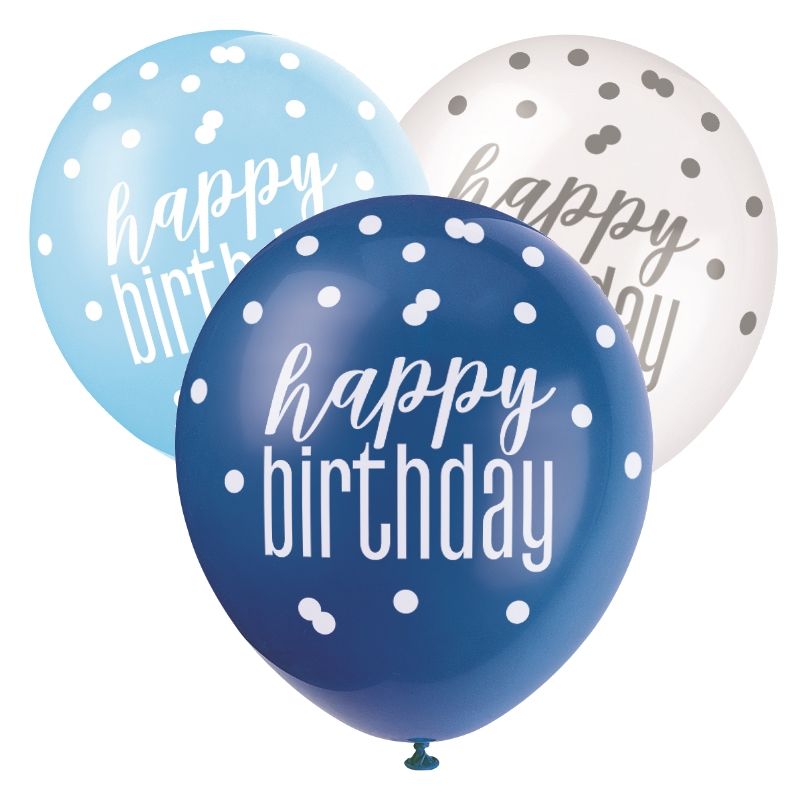 Blue and Silver Holographic Happy Birthday Party Latex Balloons