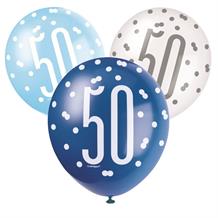 Blue and Silver Holographic 50th Birthday Party Latex Balloons