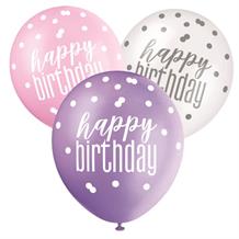 Pink and Silver Holographic Happy Birthday Party Latex Balloons
