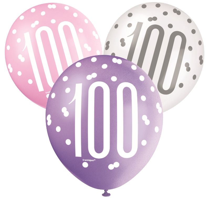 Pink and Silver Holographic 100th Birthday Party Latex Balloons