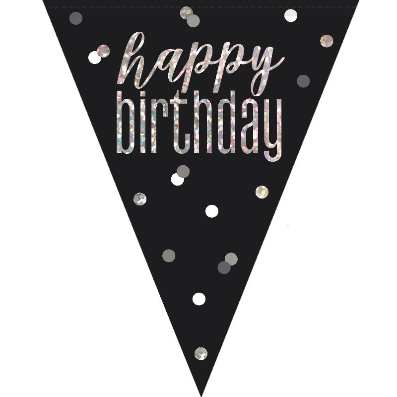 Black and Silver Holographic Happy Birthday Flag Banner | Bunting | Decoration