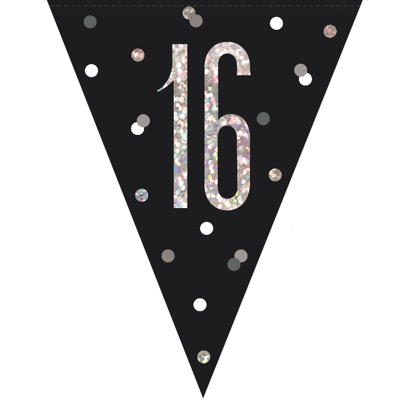 Black and Silver Holographic 16th Birthday Flag Banner | Bunting | Decoration