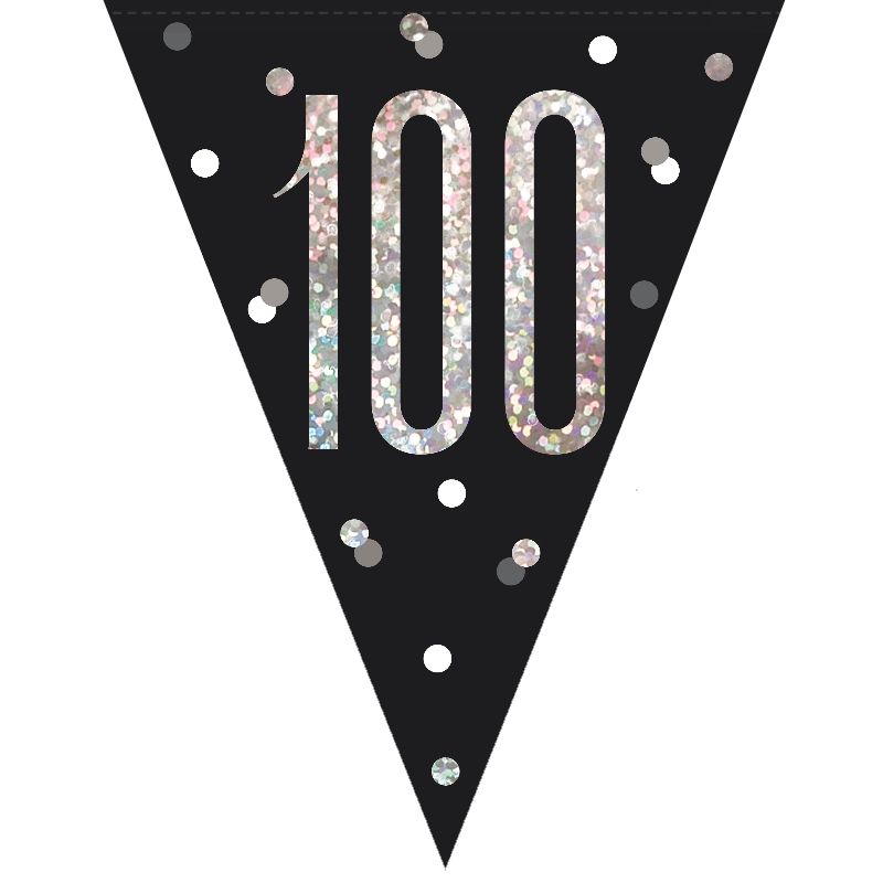 Black and Silver Holographic 100th Birthday Flag Banner | Bunting | Decoration