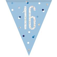 Blue and Silver Holographic 16th Birthday Flag Banner | Bunting | Decoration