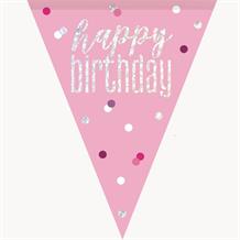 Pink and Silver Holographic Happy Birthday Flag Banner | Bunting | Decoration
