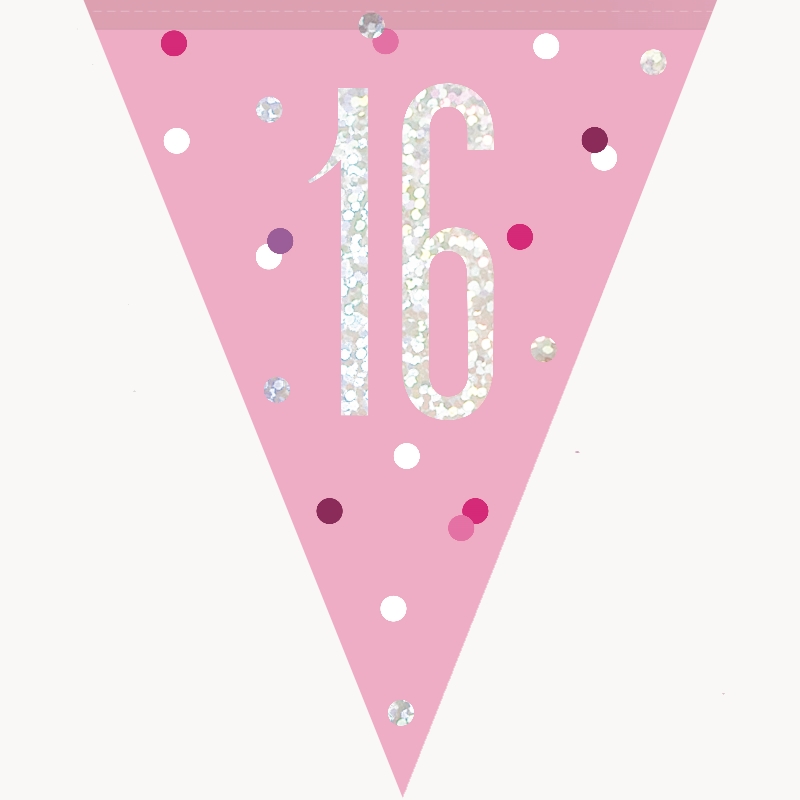 Pink and Silver Holographic 16th Birthday Flag Banner | Bunting | Decoration